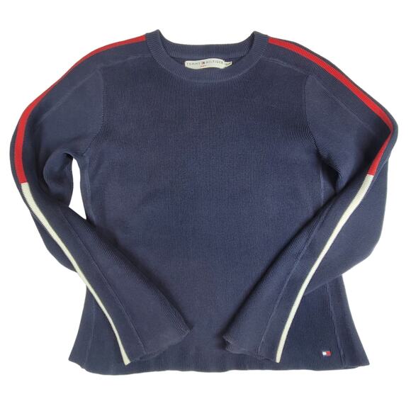 Vintage Y2K Tommy Hilfiger Blue Knit Sweater Stripe Sleeve Women’s XL - Picture 3 of 11
